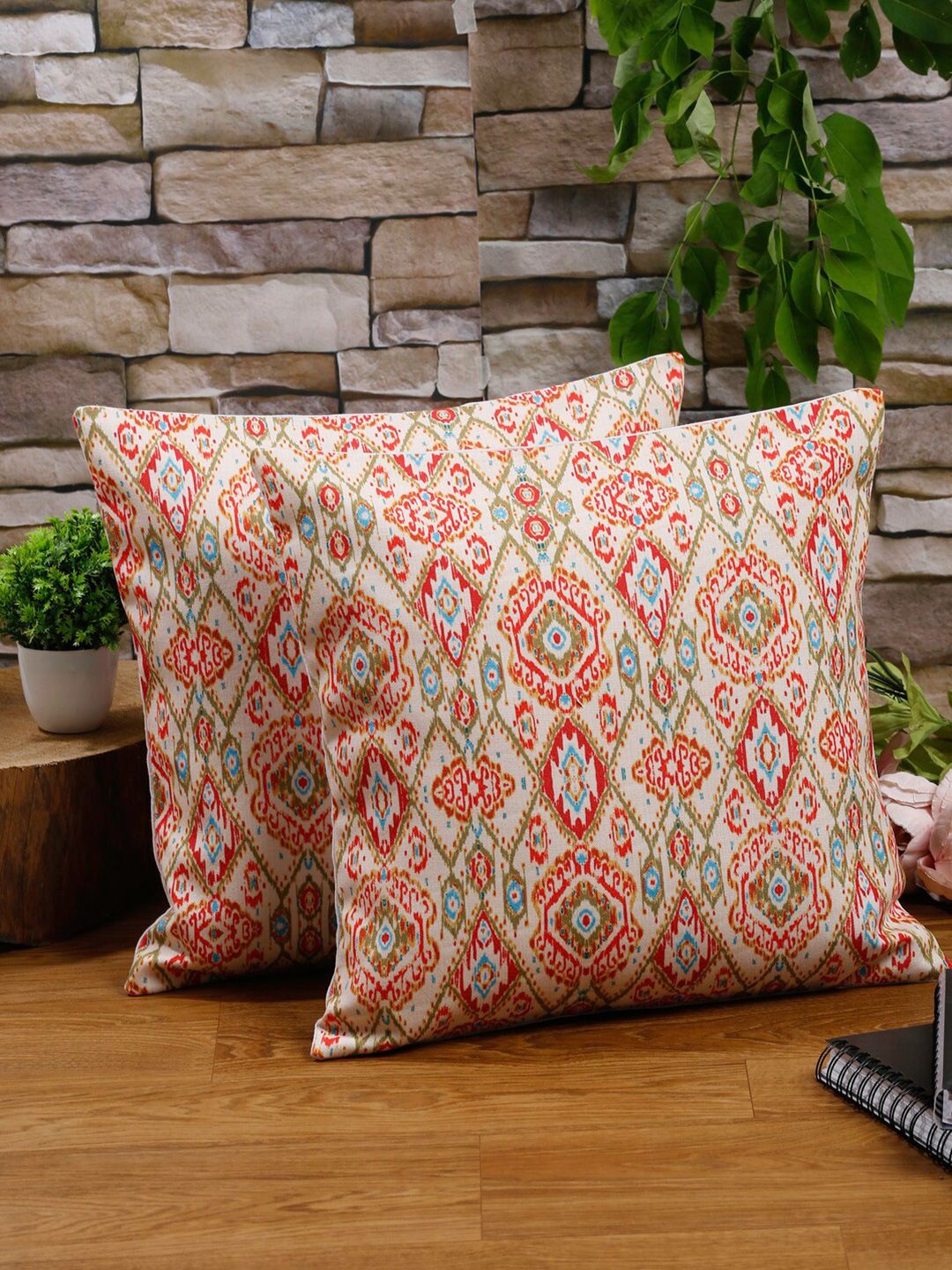 Alina decor Cream-Coloured & Green Set of 2 Abstract Square Cushion Covers Price in India