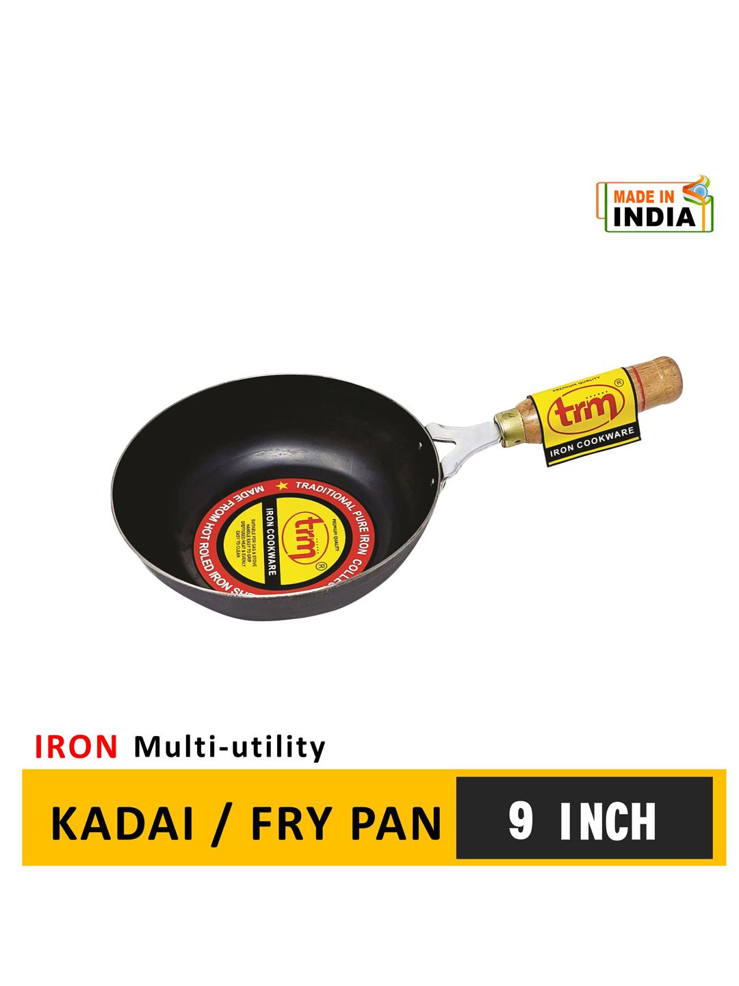 TRM Black Solid Pure Iron Kadhai Cum Fry Pan Price in India