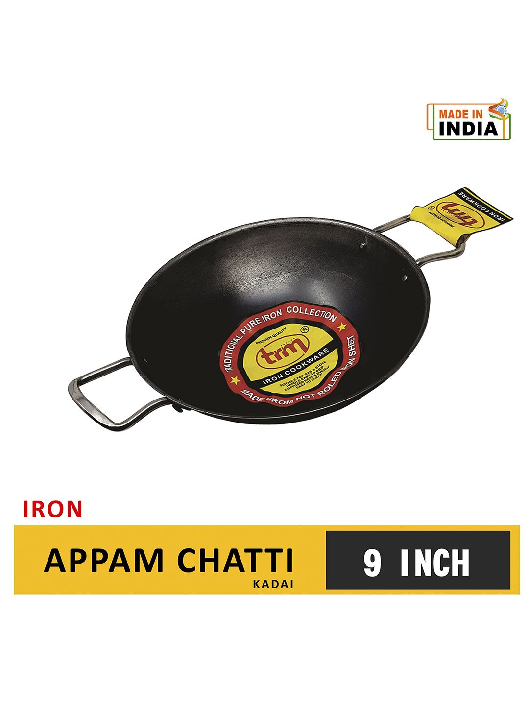 TRM Black Solid Pure Iron Appam Chatti Kadhai Price in India