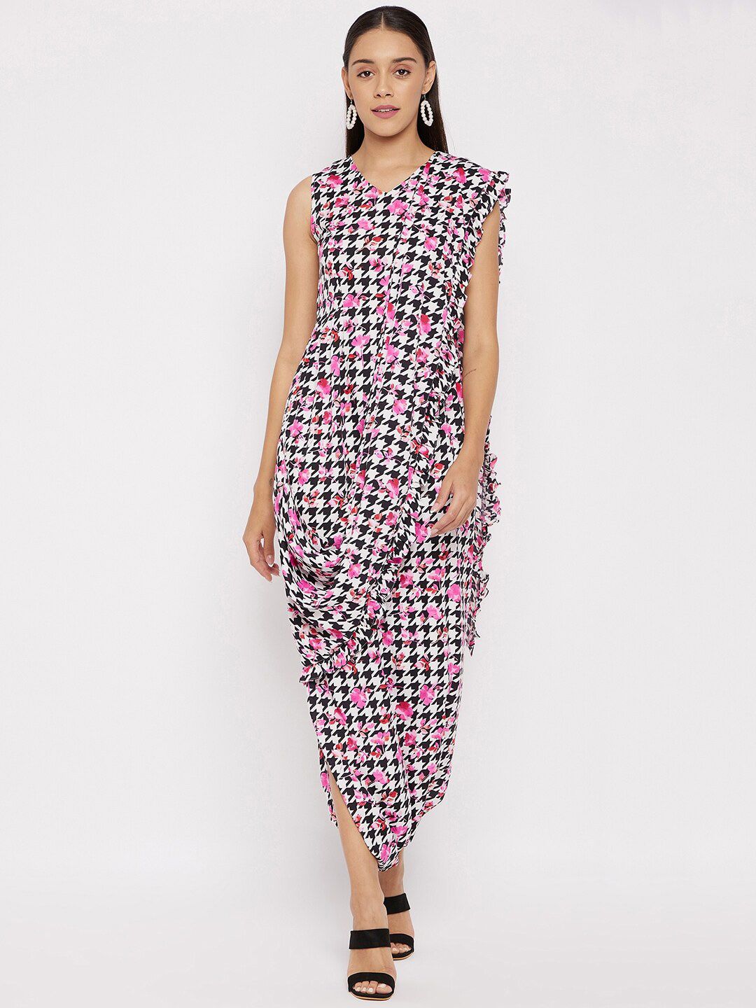 Uptownie Lite Pink & Black Printed Ankle Length Basic Jumpsuit with Dupatta Price in India