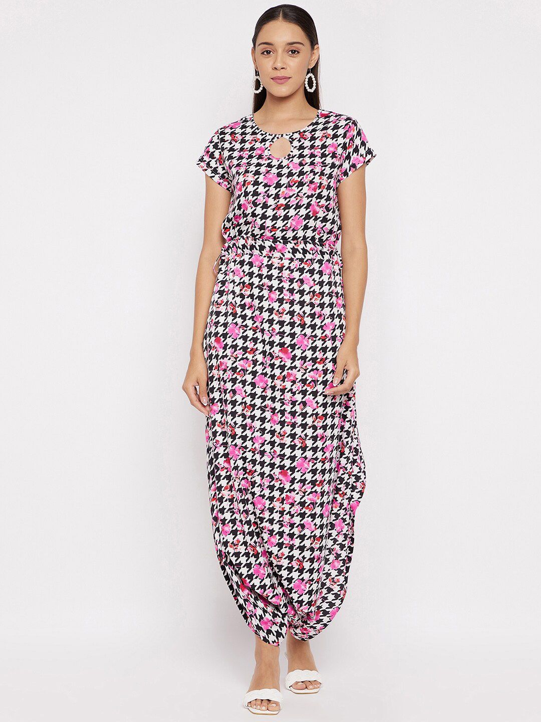 Uptownie Lite Pink & White Printed Basic Jumpsuit Price in India