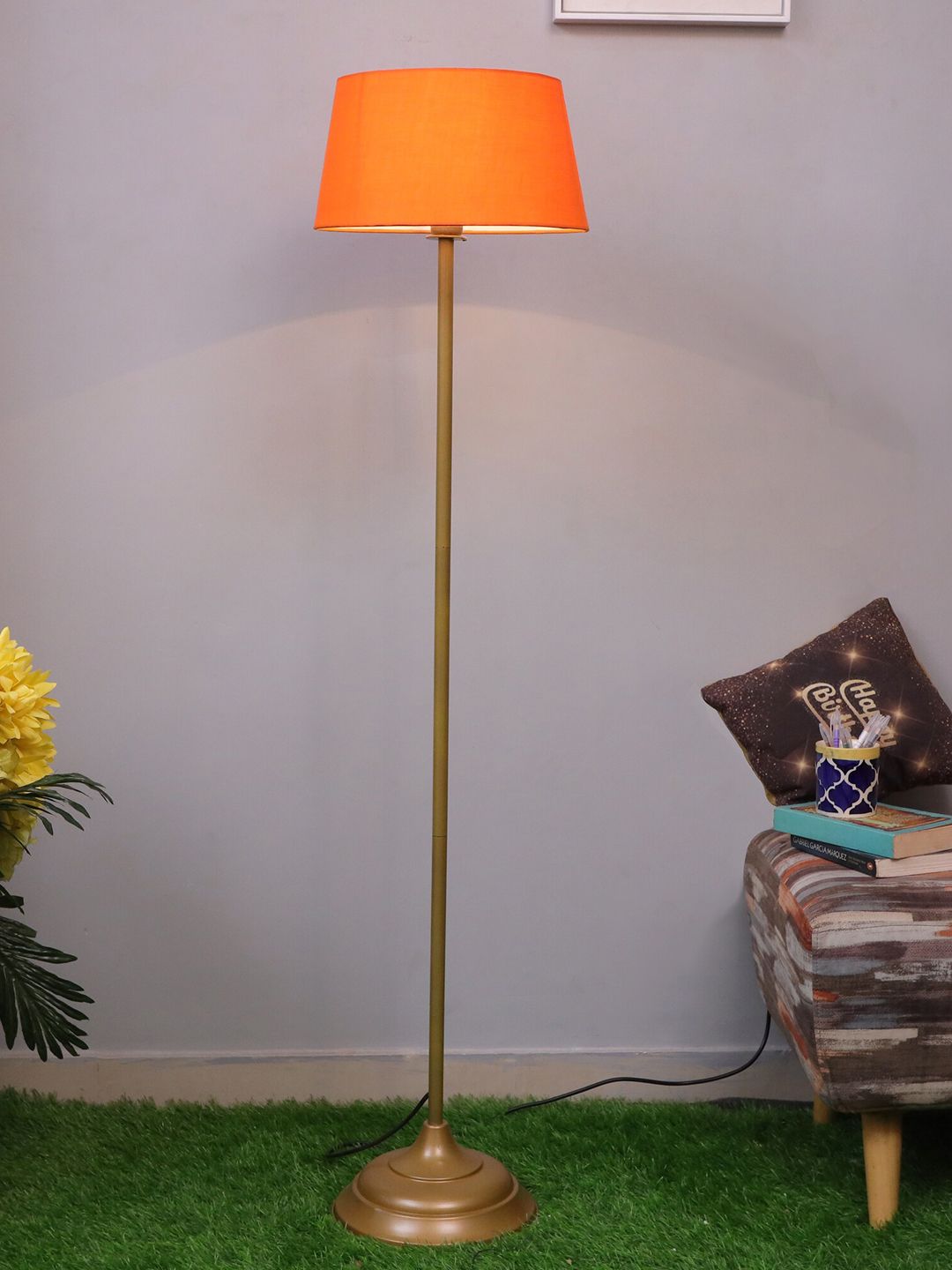 Homesake Gold-Toned & Orange Shade Metal Floor Lamp with Shade Price in India
