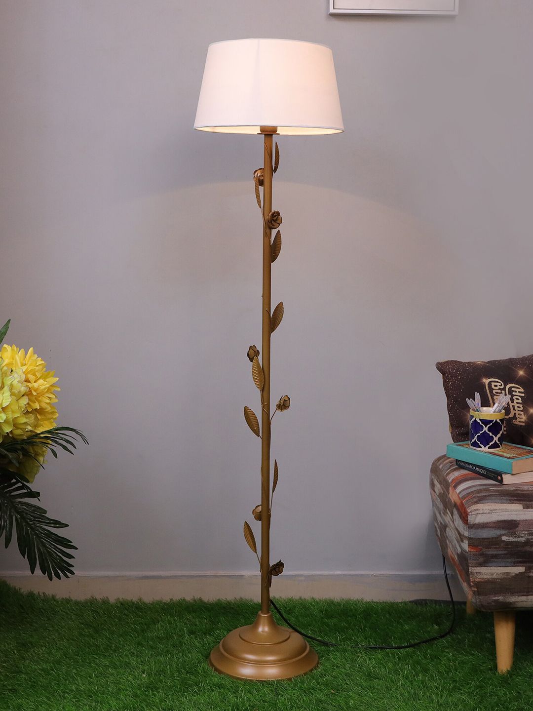 Homesake Floral, Antique Gold  Metal Floor Lamp,  with Iron Leg& White Shade Price in India