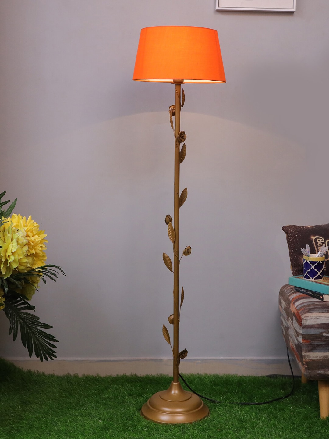 Homesake Floral, Antique Gold  Metal Floor Lamp,  with Iron Leg& Orange Shade Price in India