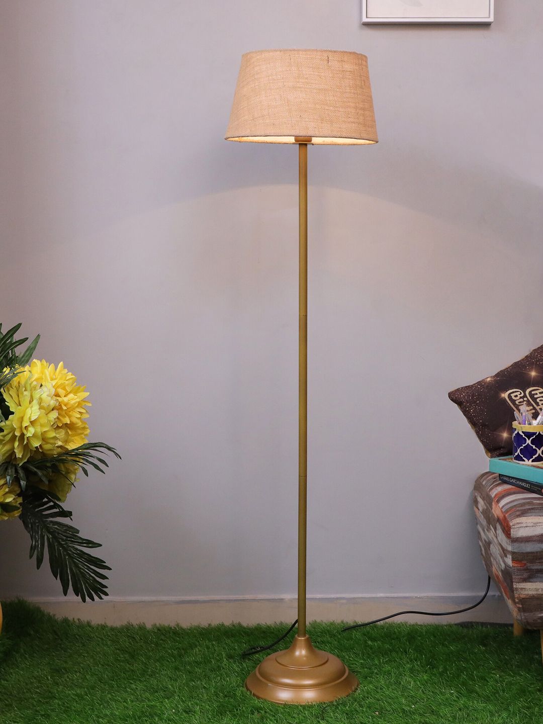 Homesake Gold Straight Antique Metal Floor Lamp With Iron Leg & Jute Shade Price in India
