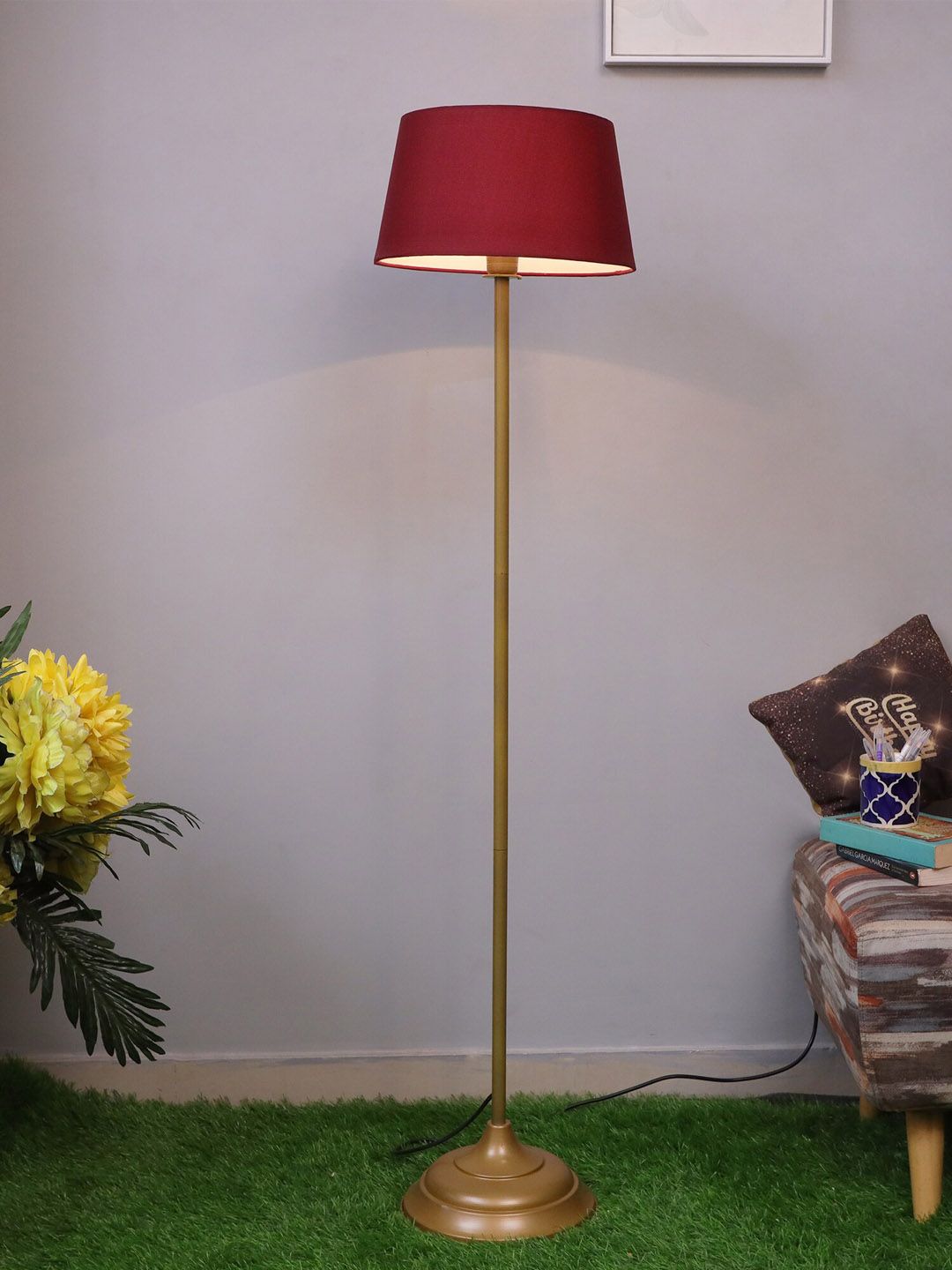 Homesake Red & Gold-Toned Frustum Shaped Contemporary Floor Lamp & Shade With Bulb Price in India
