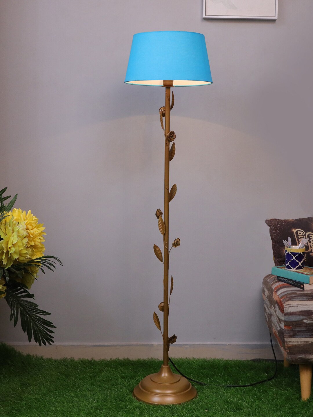 Homesake Turquoise Blue & Gold-Toned Frustum Shaped Contemporary Floor Lamp & With Bulb Price in India