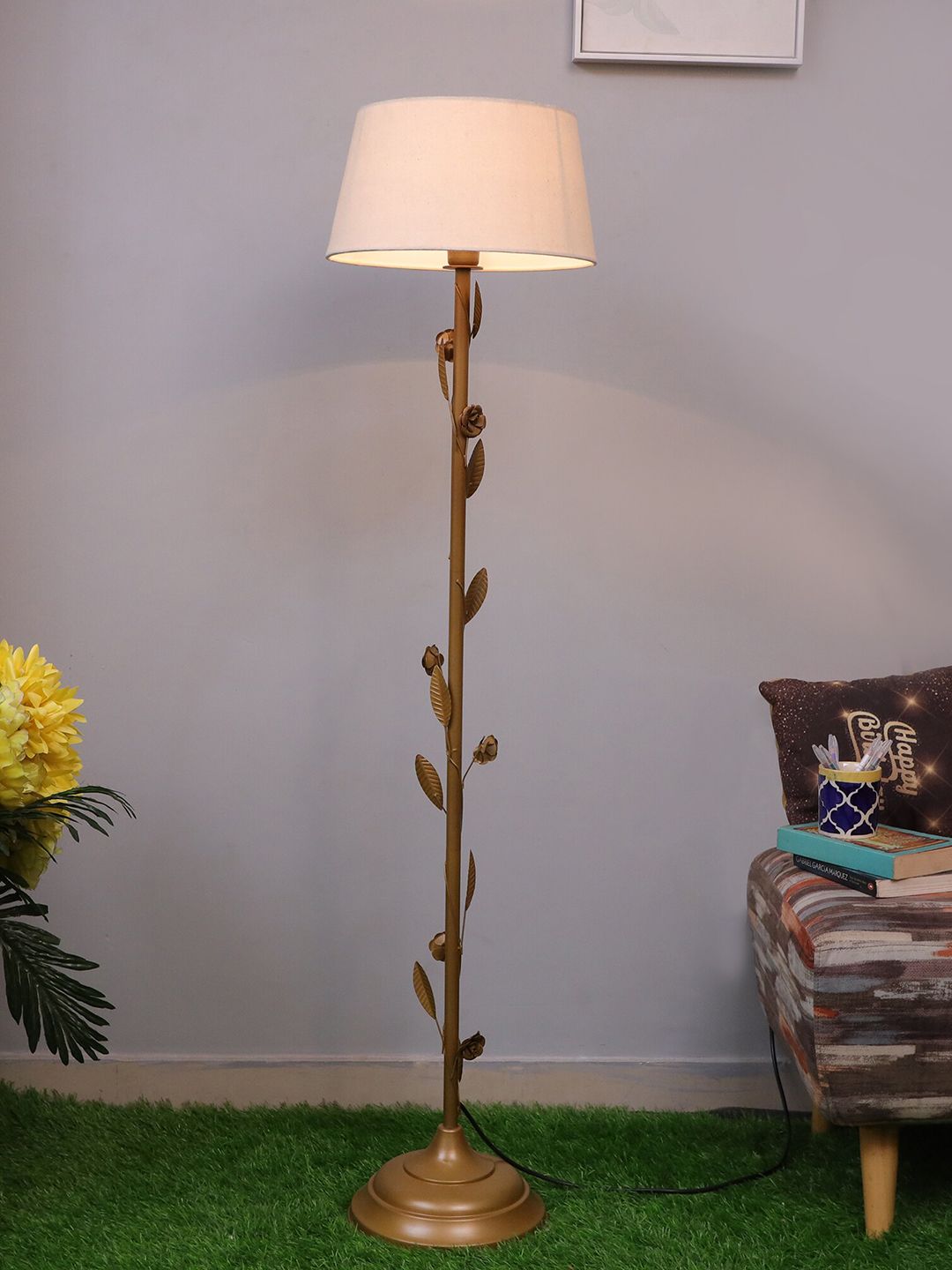 Homesake Floral, Antique Gold  Metal Floor Lamp,  with Iron Leg& Khadi Shade Price in India