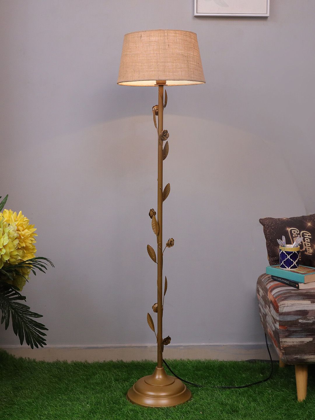 Homesake Beige & Gold-Toned Solid Contemporary Floor Lamp with Jute Shade Price in India