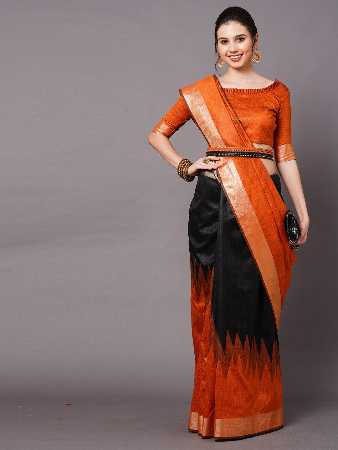 Mitera Rust & Black Woven Design Silk Cotton Banarasi Saree Price in India