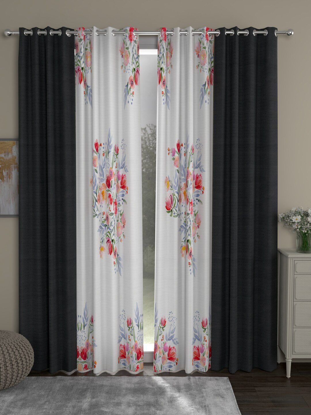 ROSARA HOME Charcoal & White Set of 4 Long Door Curtain Price in India