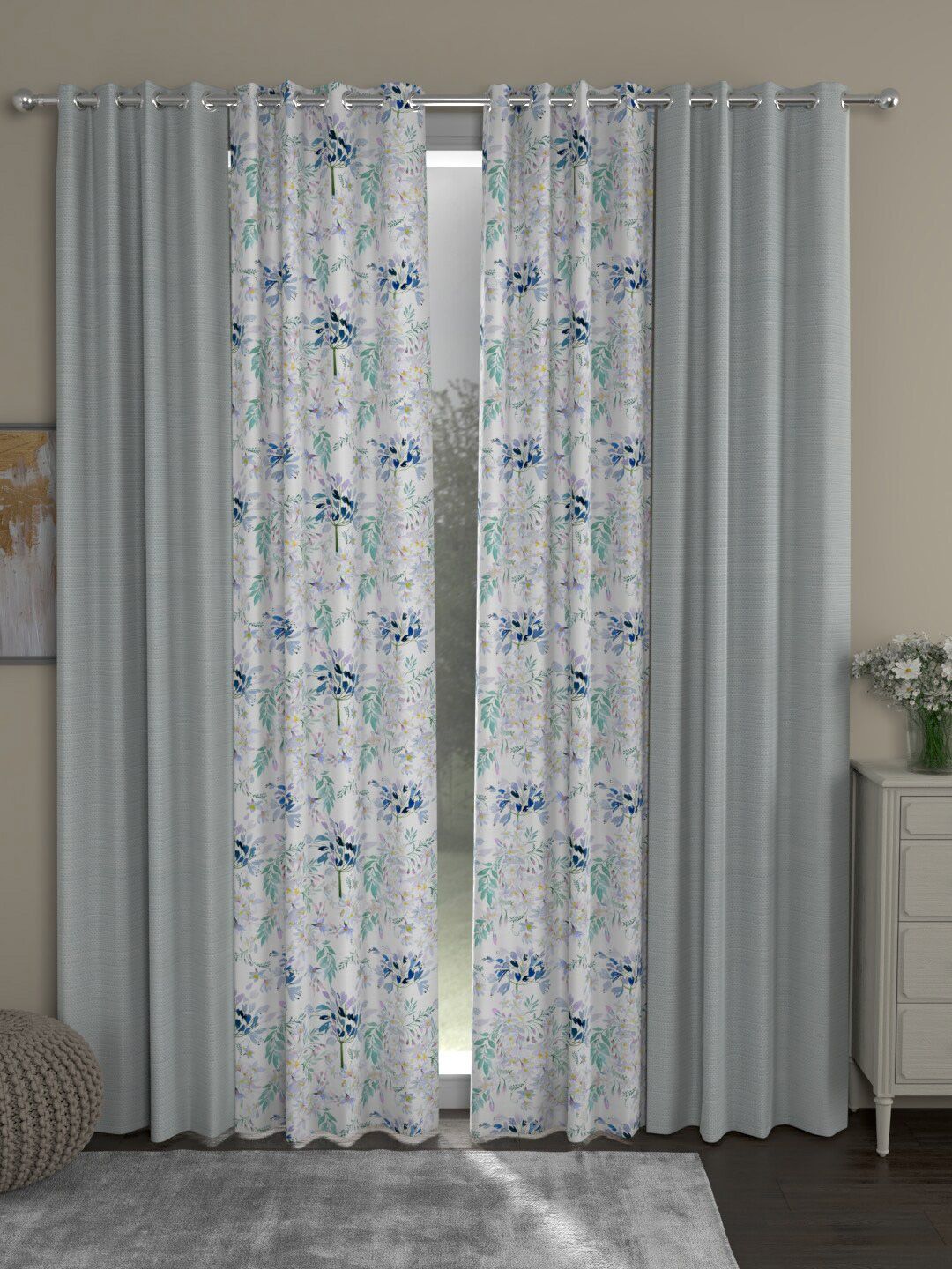 ROSARA HOME Grey & White Set of 4 Floral Door Curtain Price in India