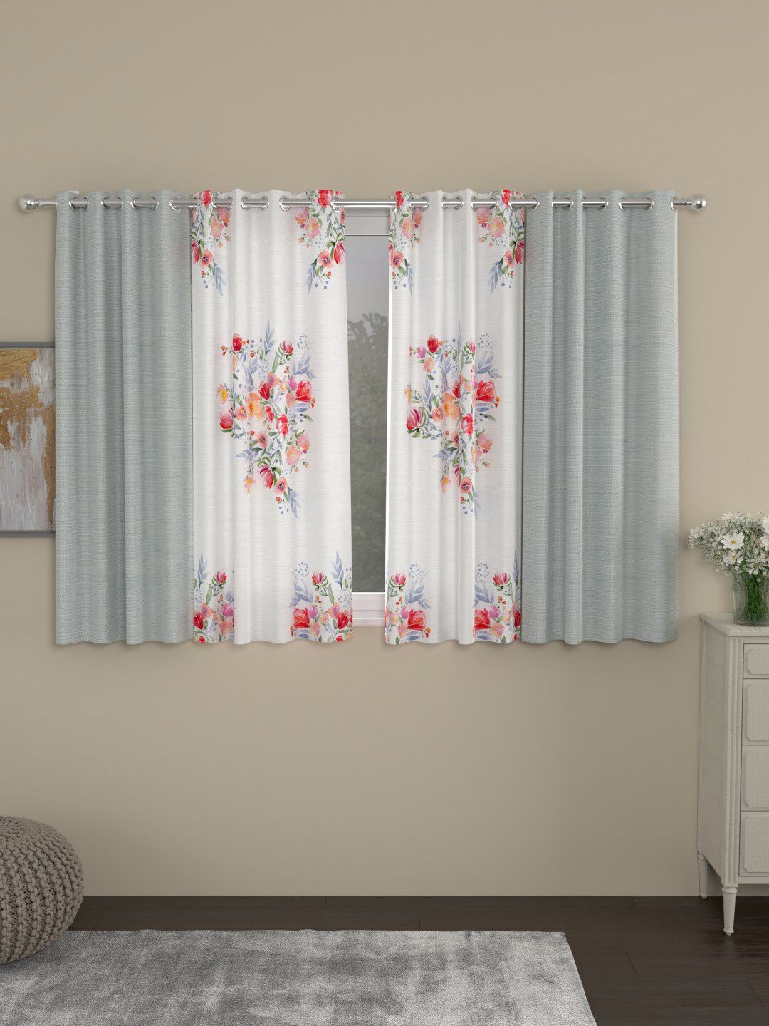 ROSARA HOME Grey & White Set of 4 Floral Window Curtain Price in India
