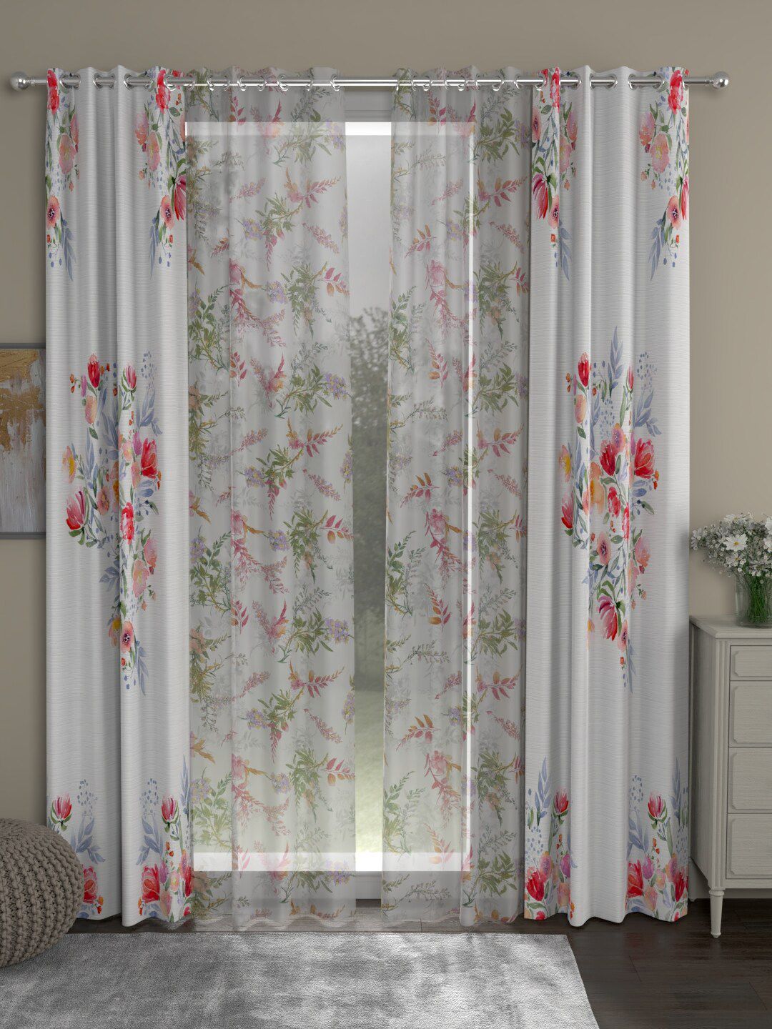 ROSARA HOME White & Red Set of 4 Floral Long Door Curtain Price in India