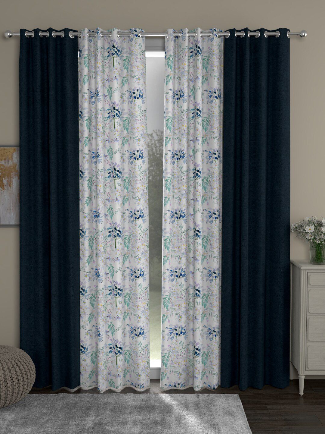ROSARA HOME Navy Blue & White Set of 4 Room Darkening Door Curtain Price in India