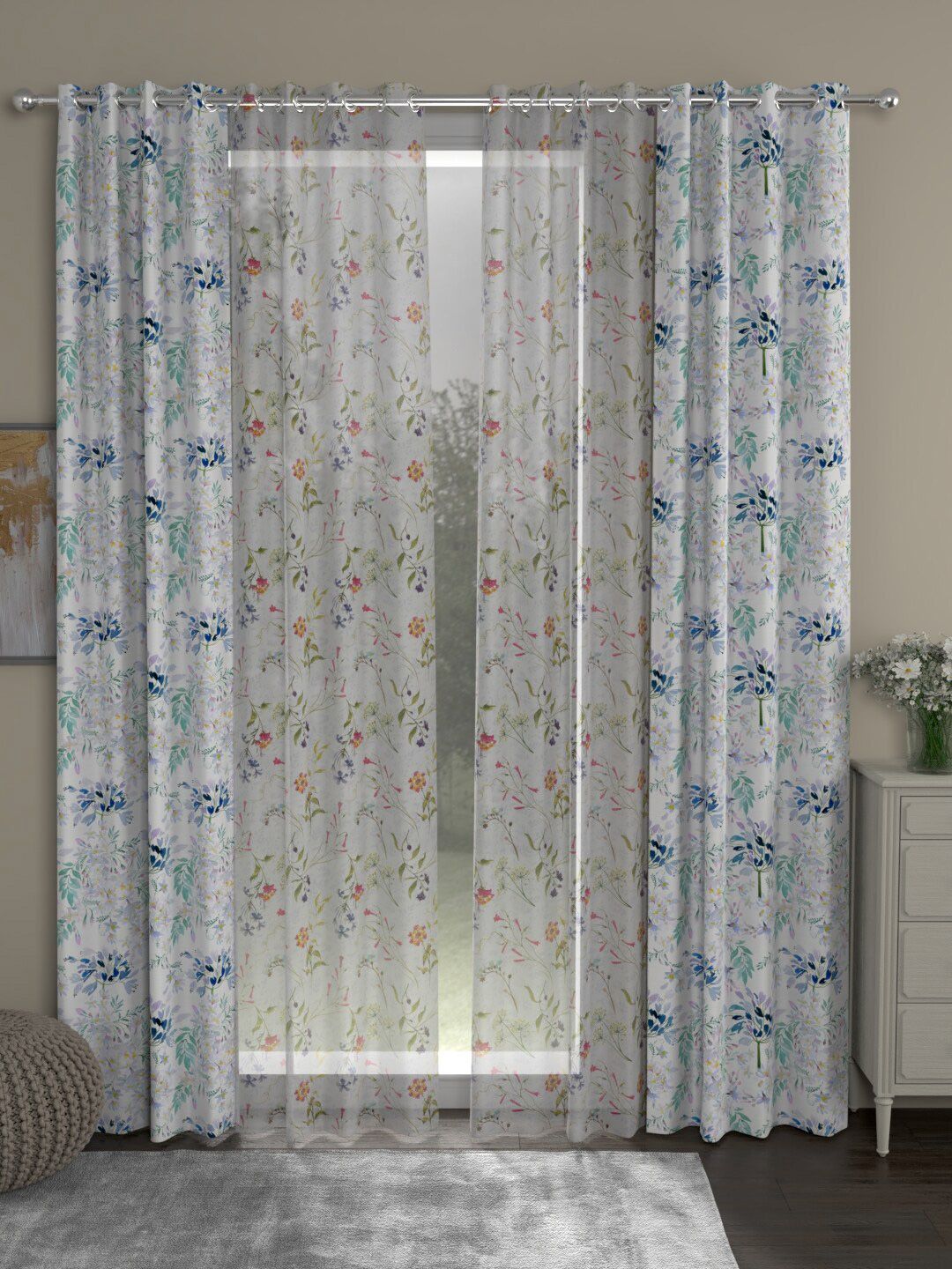 ROSARA HOME White & Blue Set of 4 Floral Long Door Curtain Price in India