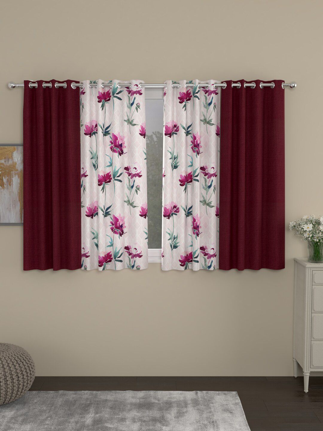 ROSARA HOME Maroon & Green Set of 4 Window Curtain Price in India