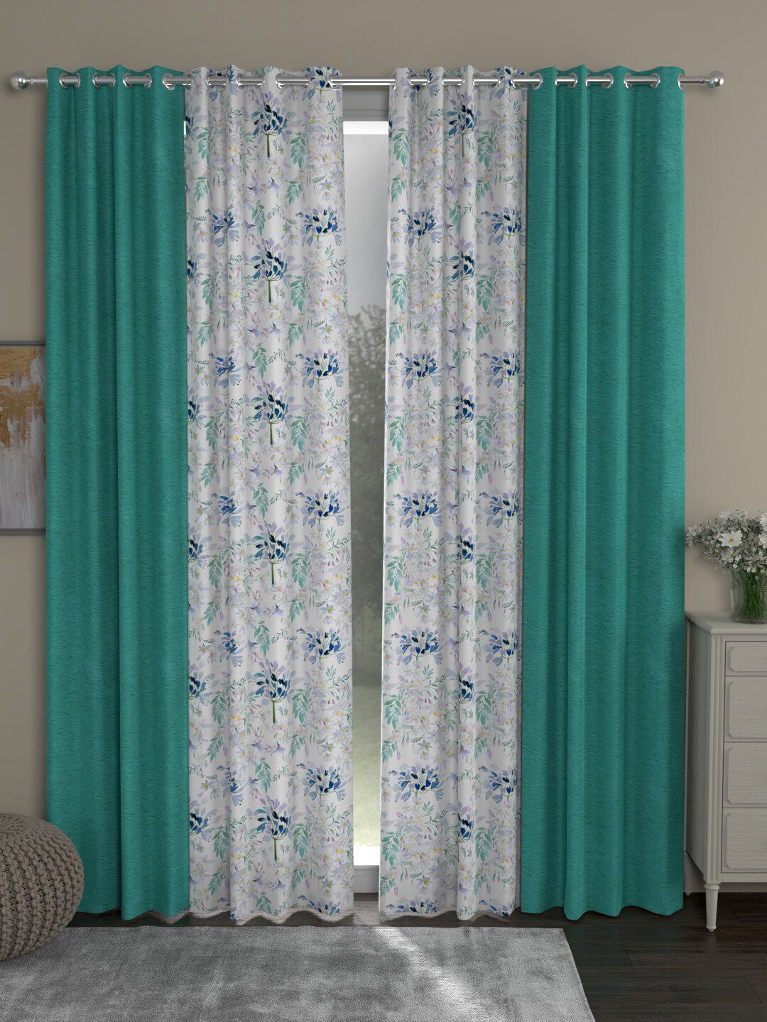 ROSARA HOME Turquoise Blue & White Set of 4 Room Darkening Long Door Curtain Price in India