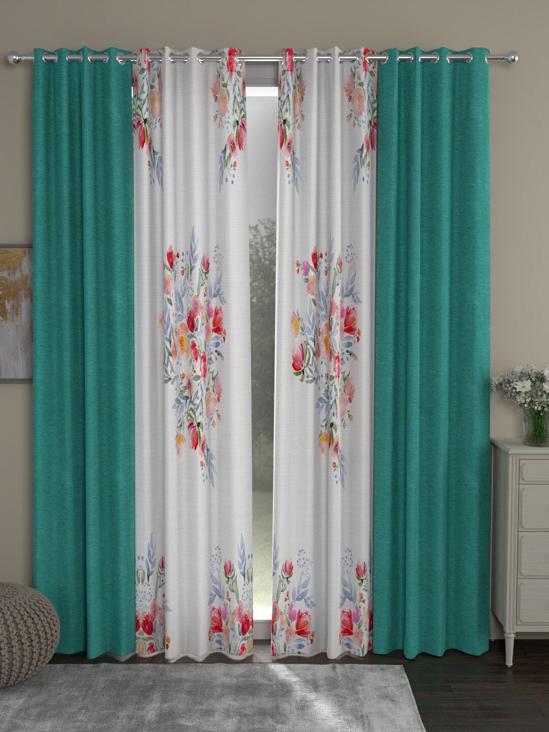 ROSARA HOME Turquoise Blue & White Set of 4 Room Darkening Door Curtain Price in India