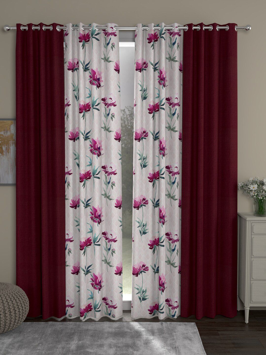 ROSARA HOME Maroon & White Set of 4 Long Door Curtain Price in India