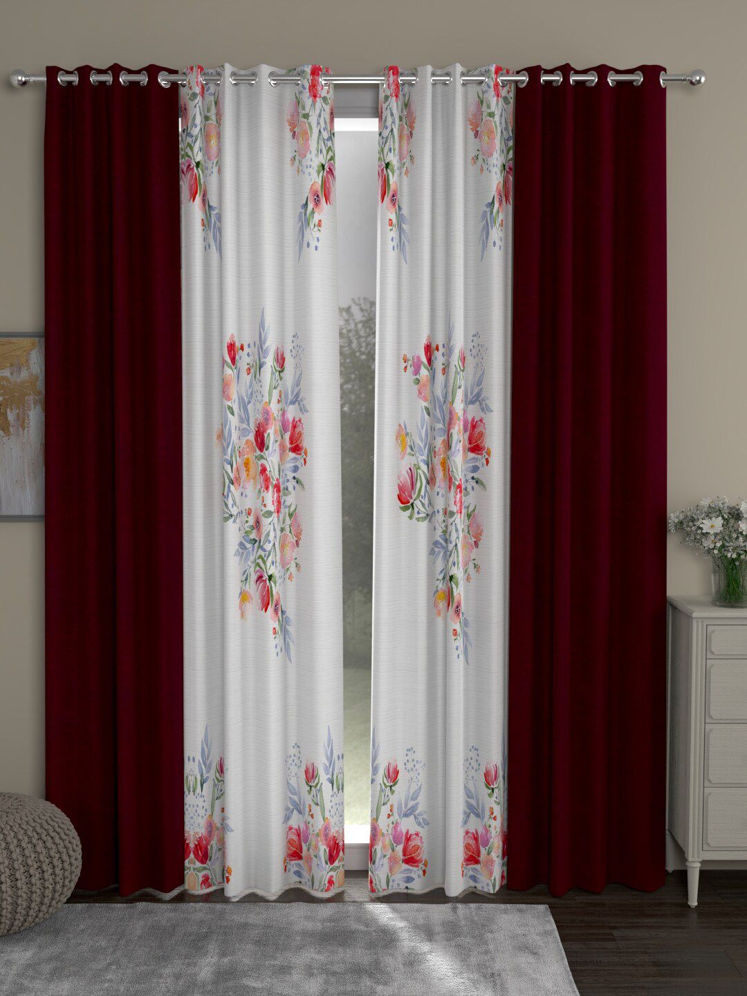 ROSARA HOME Maroon & White Set of 4 Room Darkening Long Door Curtain Price in India