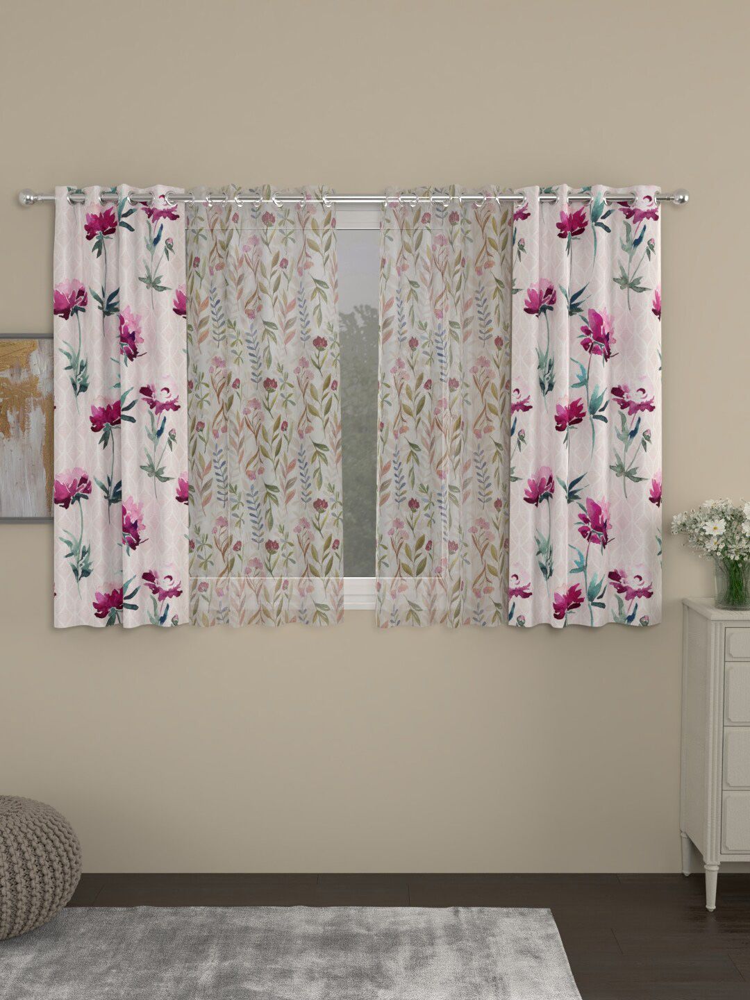 ROSARA HOME Pink & White Set of 4 Floral Window Curtain Price in India