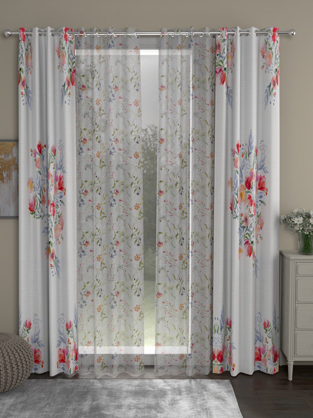 ROSARA HOME White & Red Set of 4 Floral Long Door Curtain Price in India