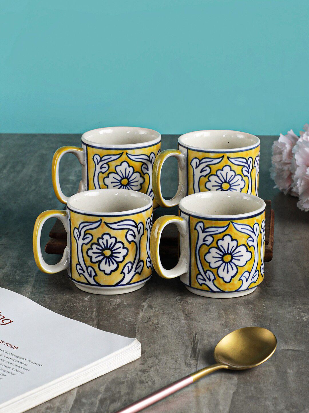 VarEesha Set of 4 Yellow & White Handcrafted Ceramic Glossy Mugs Set Price in India