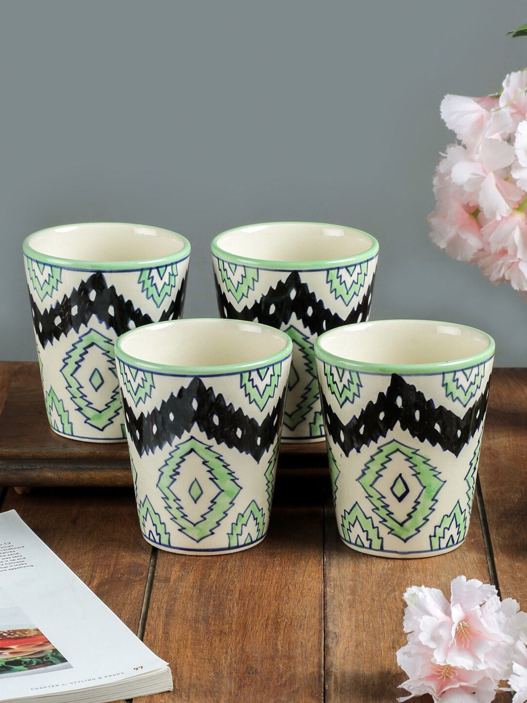 VarEesha Set Of 4 Off White & Green Printed Ceramic Glossy Cups Price in India