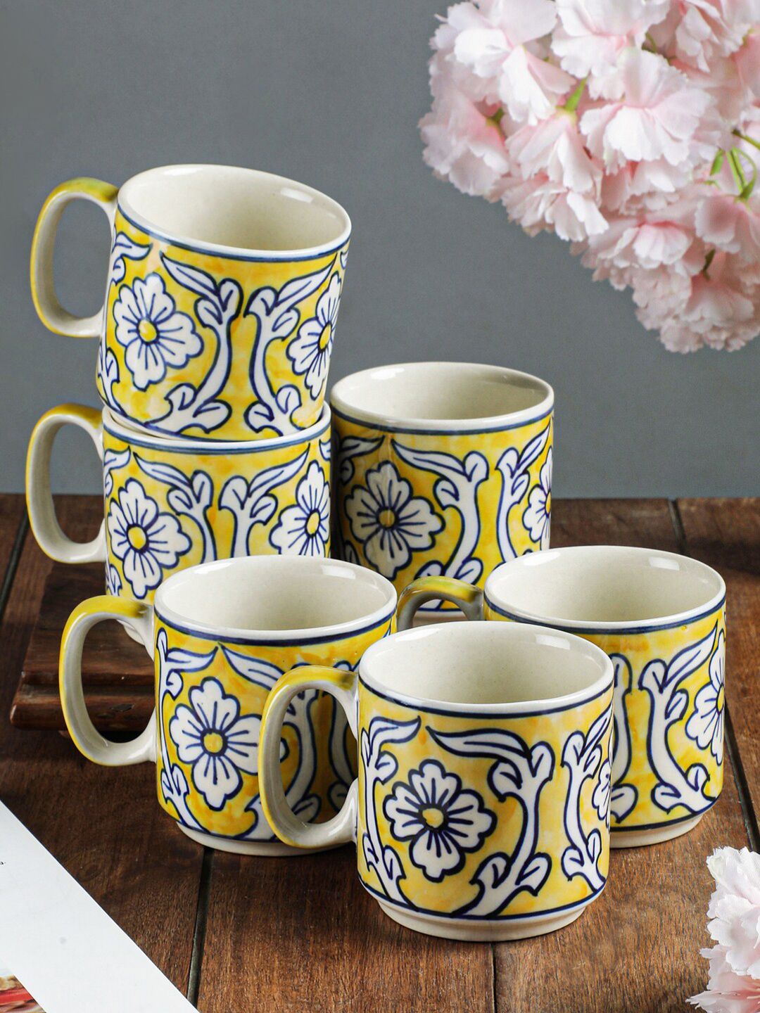 VarEesha Set of 6 Yellow & Cream-Coloured Handcrafted Ceramic Glossy Cups Price in India