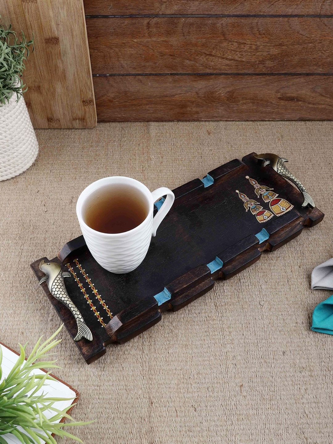VarEesha Brown Hand-Printed Small Tray With Brass Handles Price in India