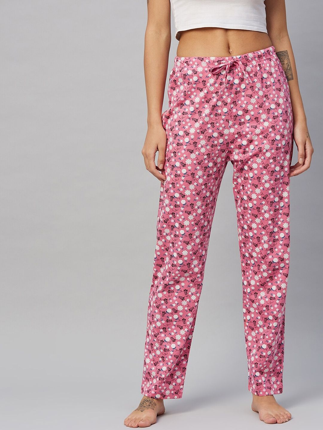 C9 AIRWEAR Women Pink & White Printed Pure Cotton Lounge Pants Price in India