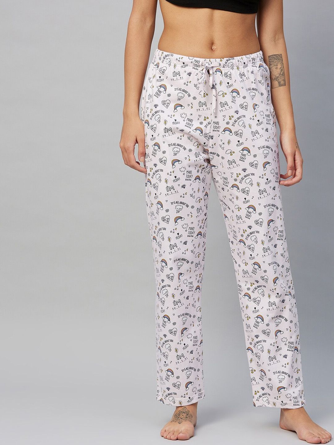 C9 AIRWEAR Women Off-White & Black Printed Pure Cotton Lounge Pants Price in India