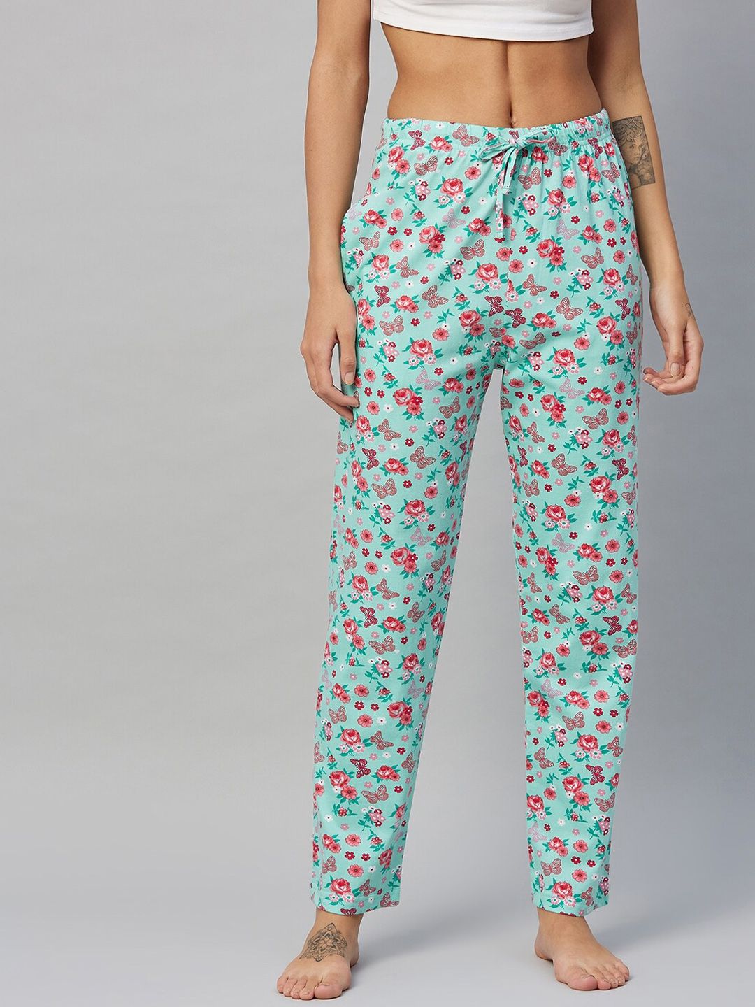 C9 AIRWEAR Women Sea Green & Pink Printed Pure Cotton Lounge Pants Price in India