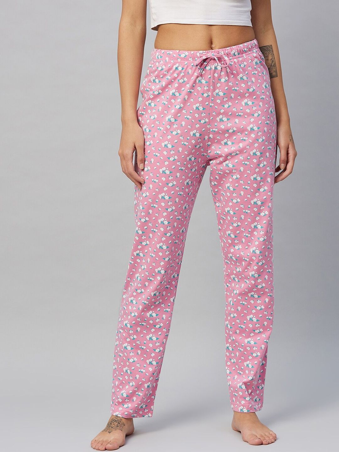 C9 AIRWEAR Women Pink & Blue Printed Pure Cotton Lounge Pants Price in India