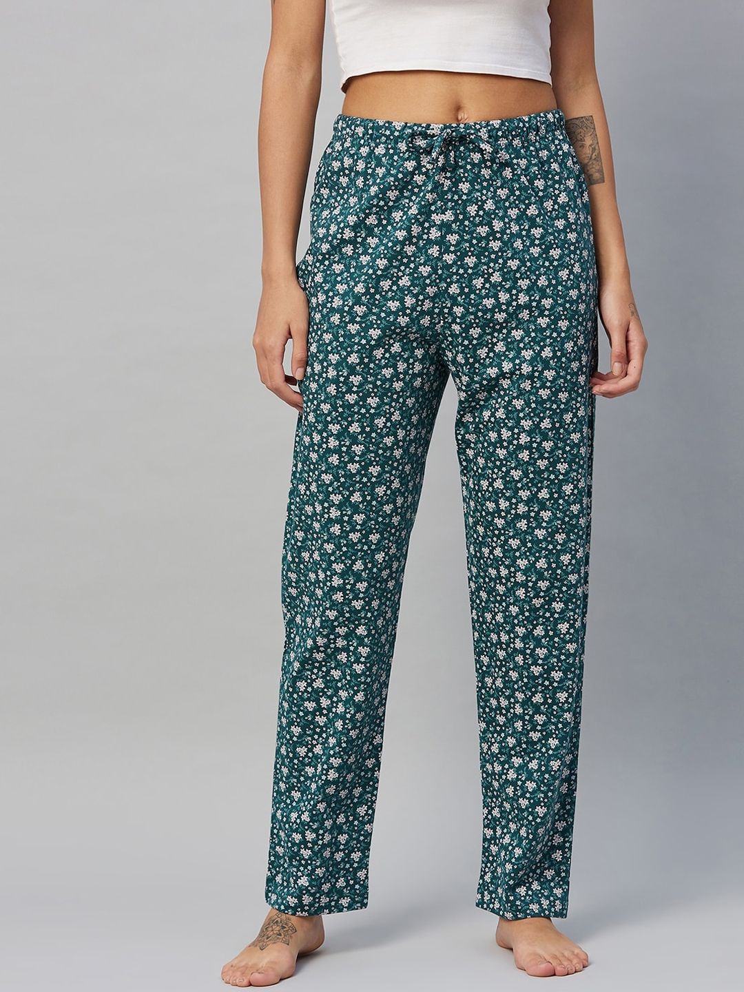 C9 AIRWEAR Women Green & White Printed Pure Cotton Lounge Pants Price in India