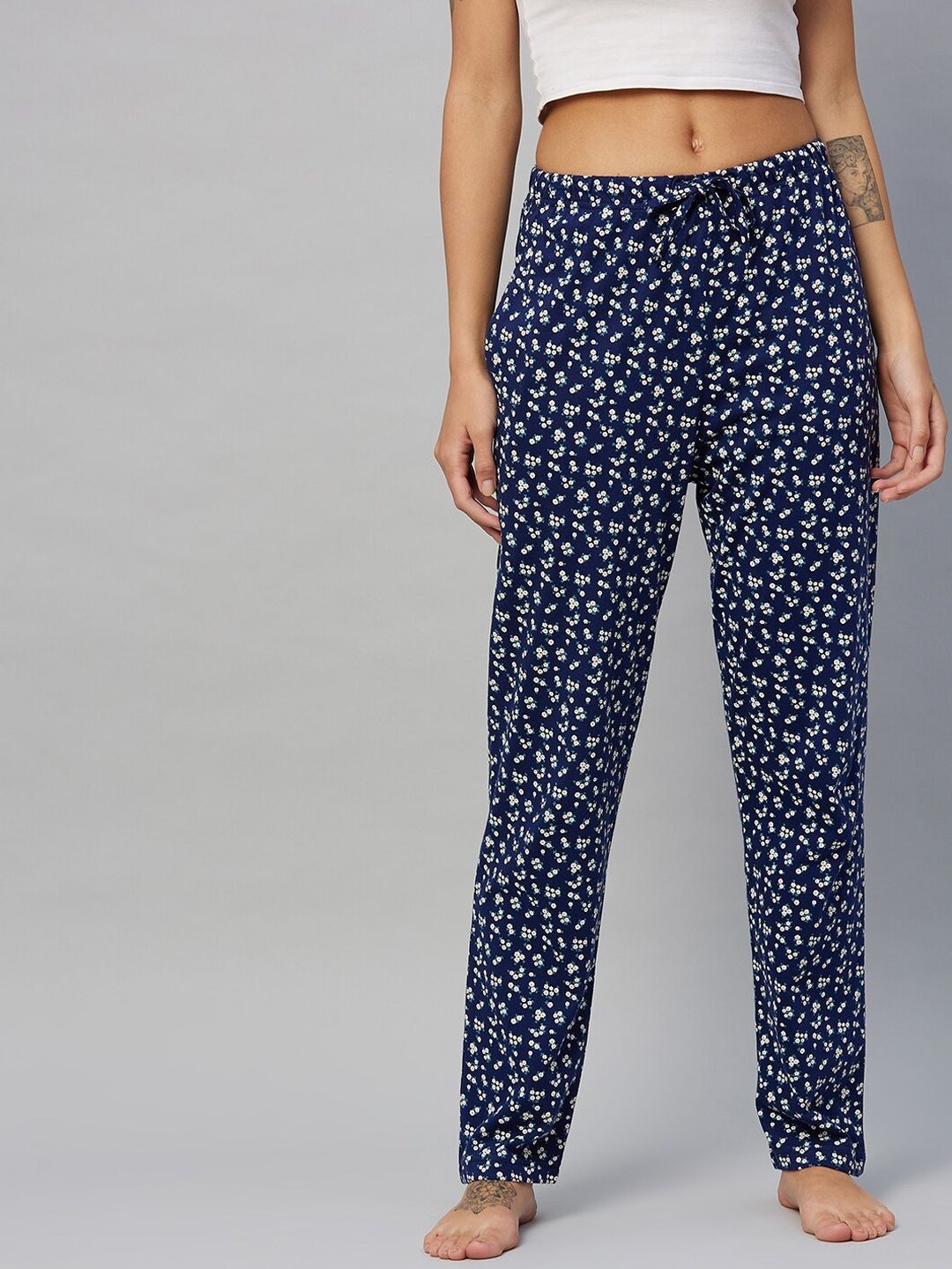 C9 AIRWEAR Women Navy Blue & White Printed Pure Cotton Lounge Pants Price in India