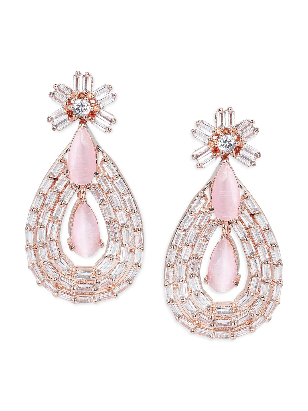Rubans Rose Gold-Plated & Rose Gold Stones Studded Teardrop Shaped Drop Earrings Price in India