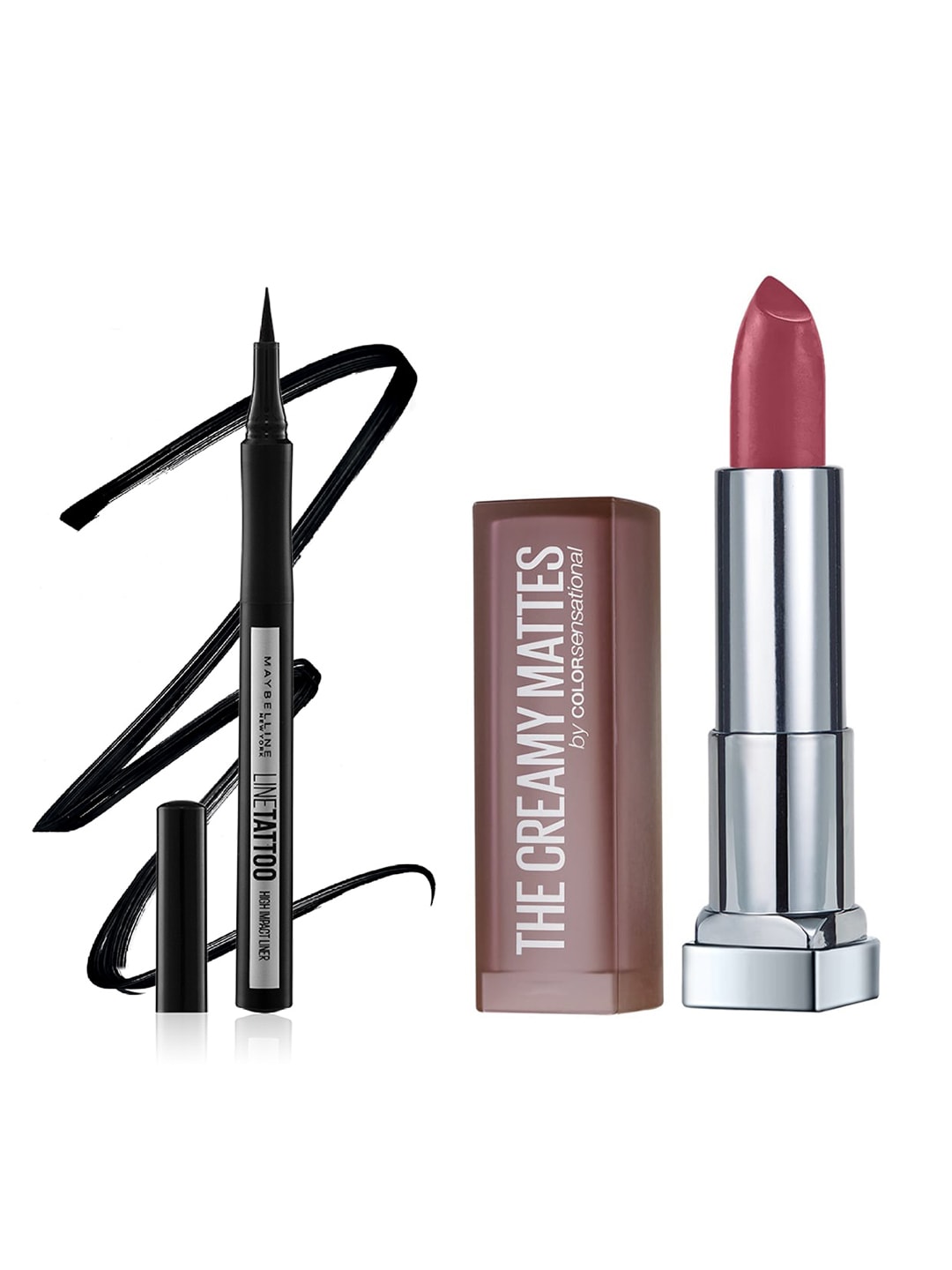 Maybelline Set Of Creamy Matte Lipstick & Line Tattoo High Impact Liner - Black Price in India