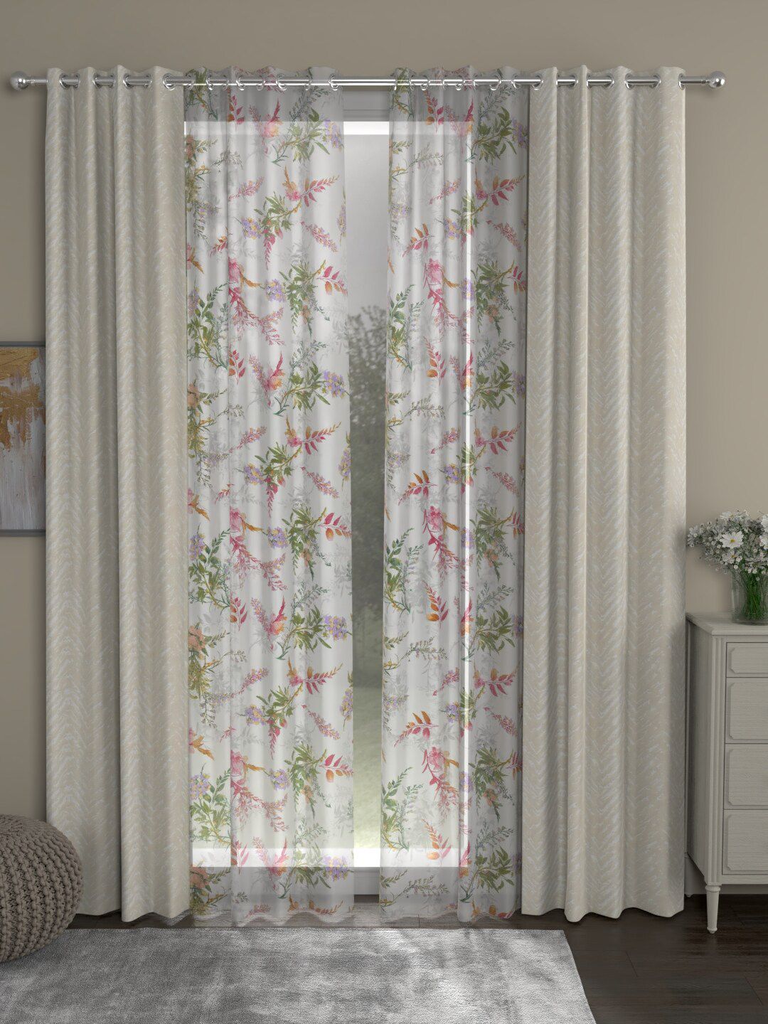 ROSARA HOME Cream-Coloured & White Set of 4 Floral Printed Long Door Curtain Price in India