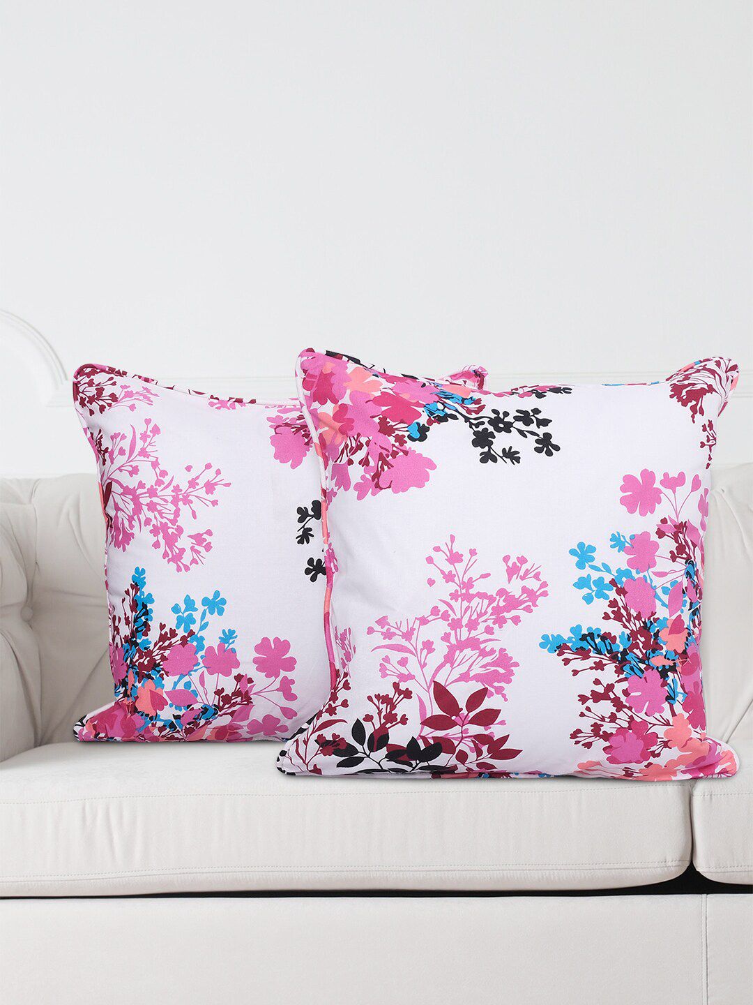SWAYAM Set of 2 White & Pink Floral Printed Square Cushion Covers Price in India