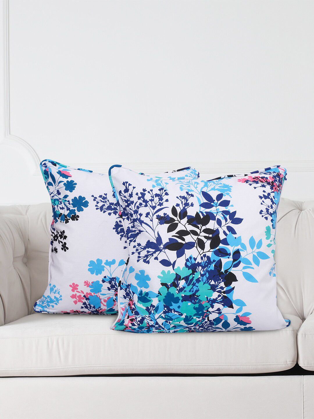 SWAYAM White & Blue Set of 2 Floral Square Cushion Covers Price in India