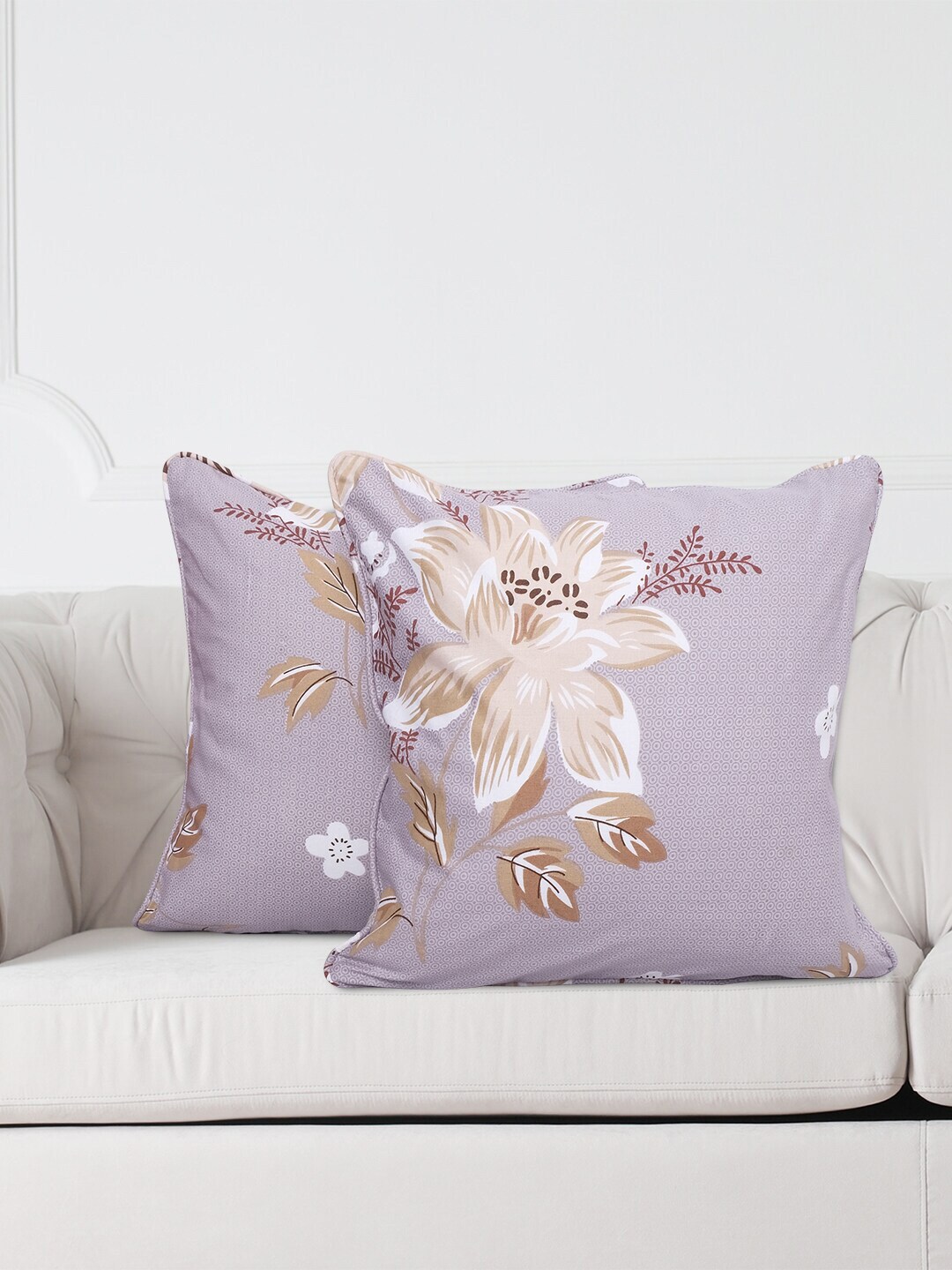 SWAYAM Set Of 2 Brown & White Floral Printed Pure Cotton Square Cushion Covers Price in India