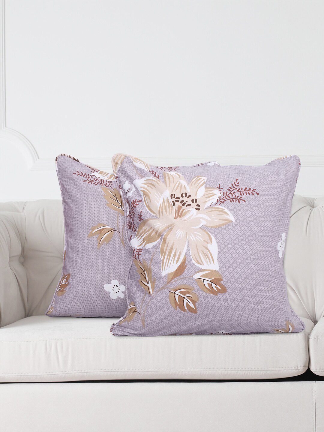 SWAYAM Lavender & Brown Set of 2 Floral Square Cushion Covers Price in India