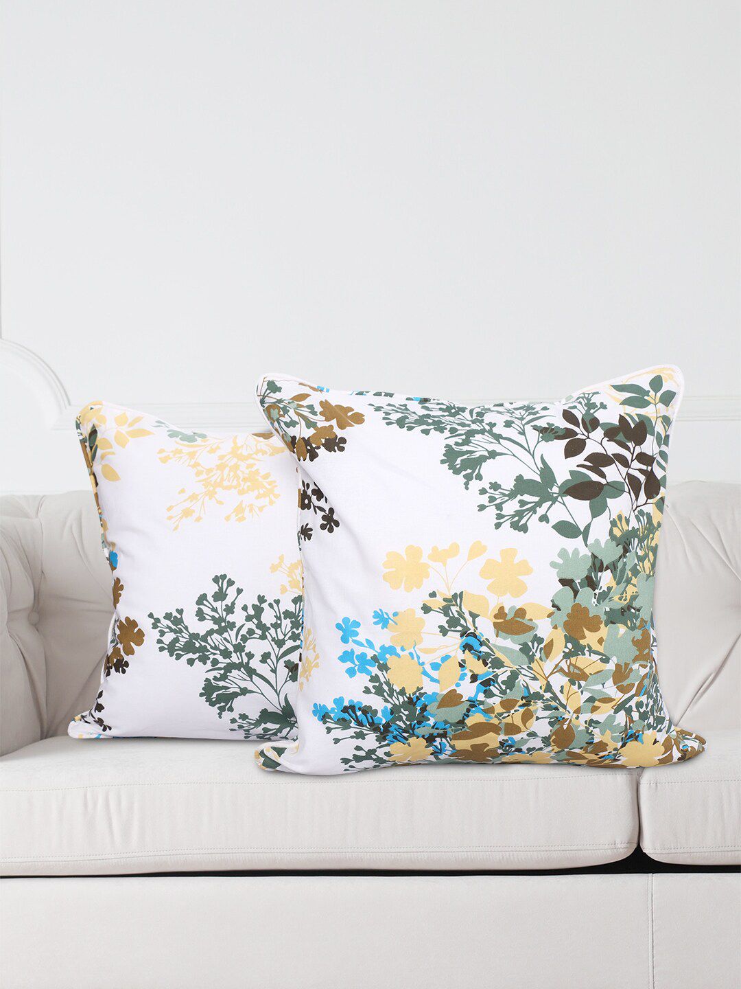 SWAYAM White & Blue Set of 2 Floral Square Cushion Covers Price in India