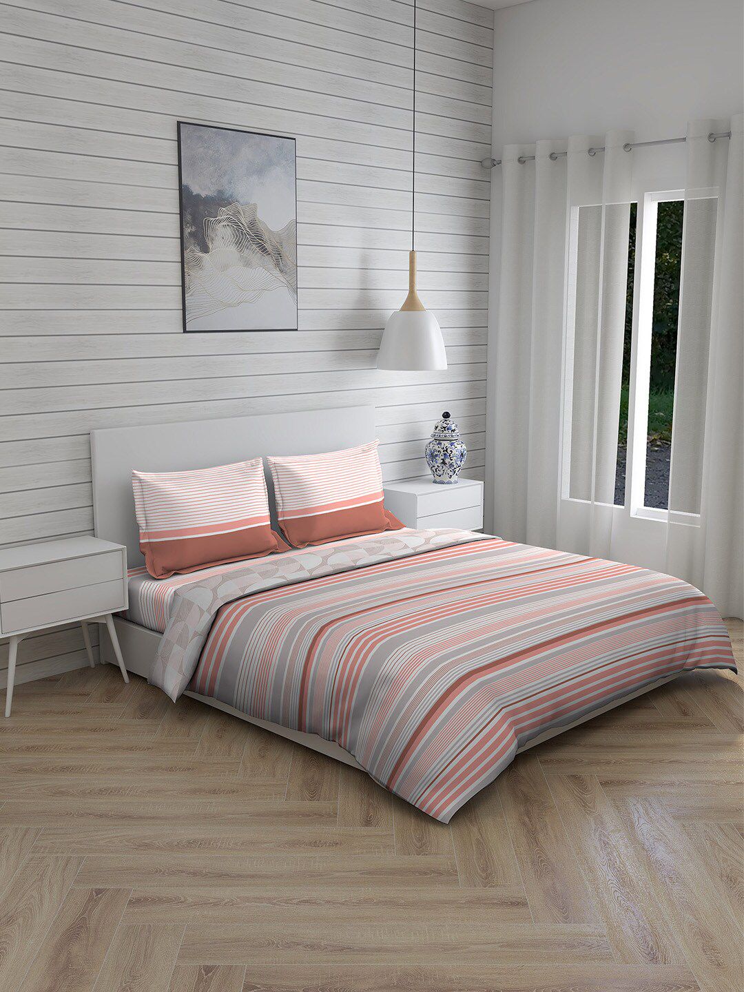 Boutique Living India Peach & Grey Striped Pure Cotton Double Queen Bedding Set Price in India