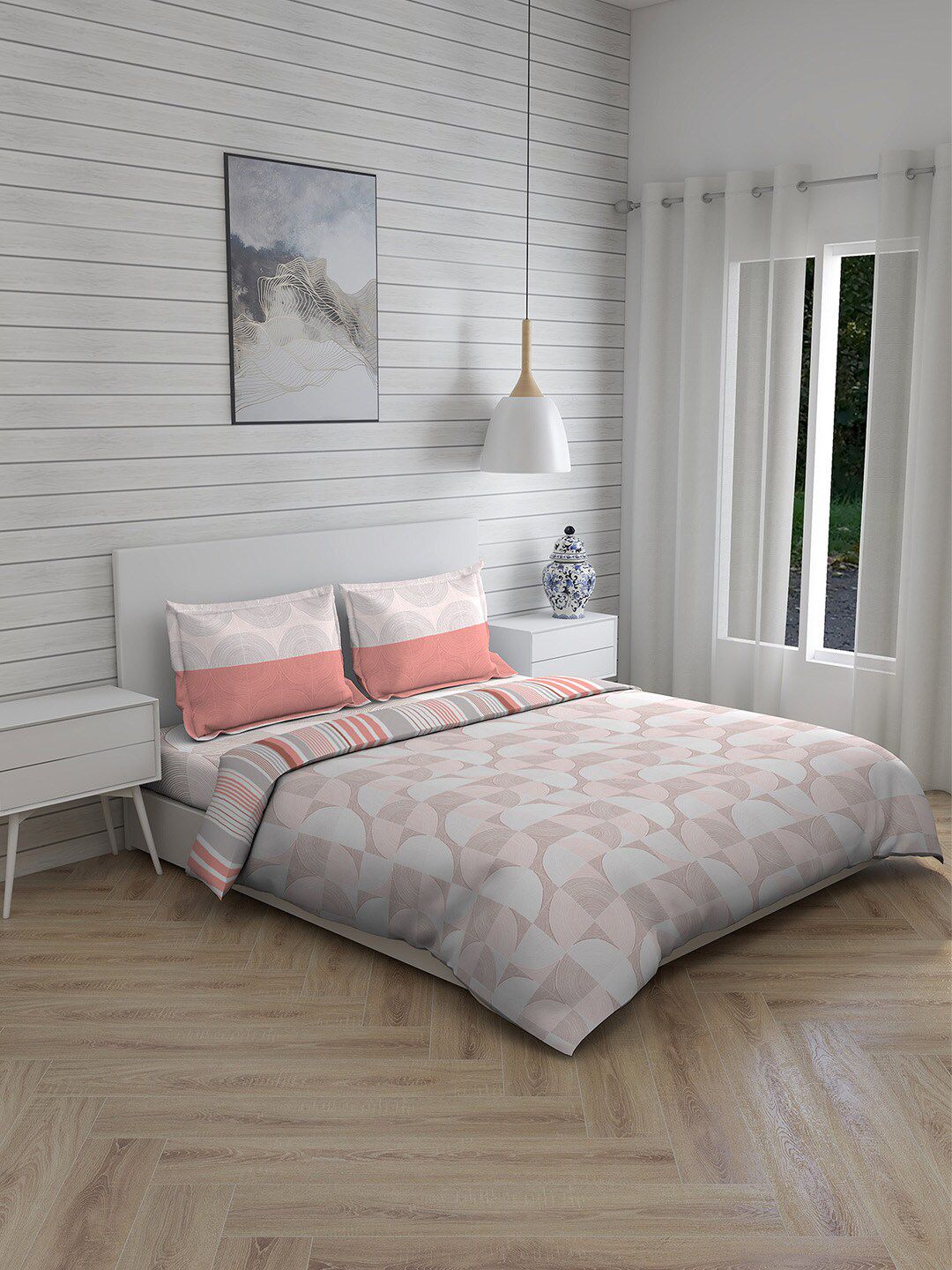 Boutique Living India Peach-Coloured & White Printed Pure Cotton Double Queen Bedding Set Price in India
