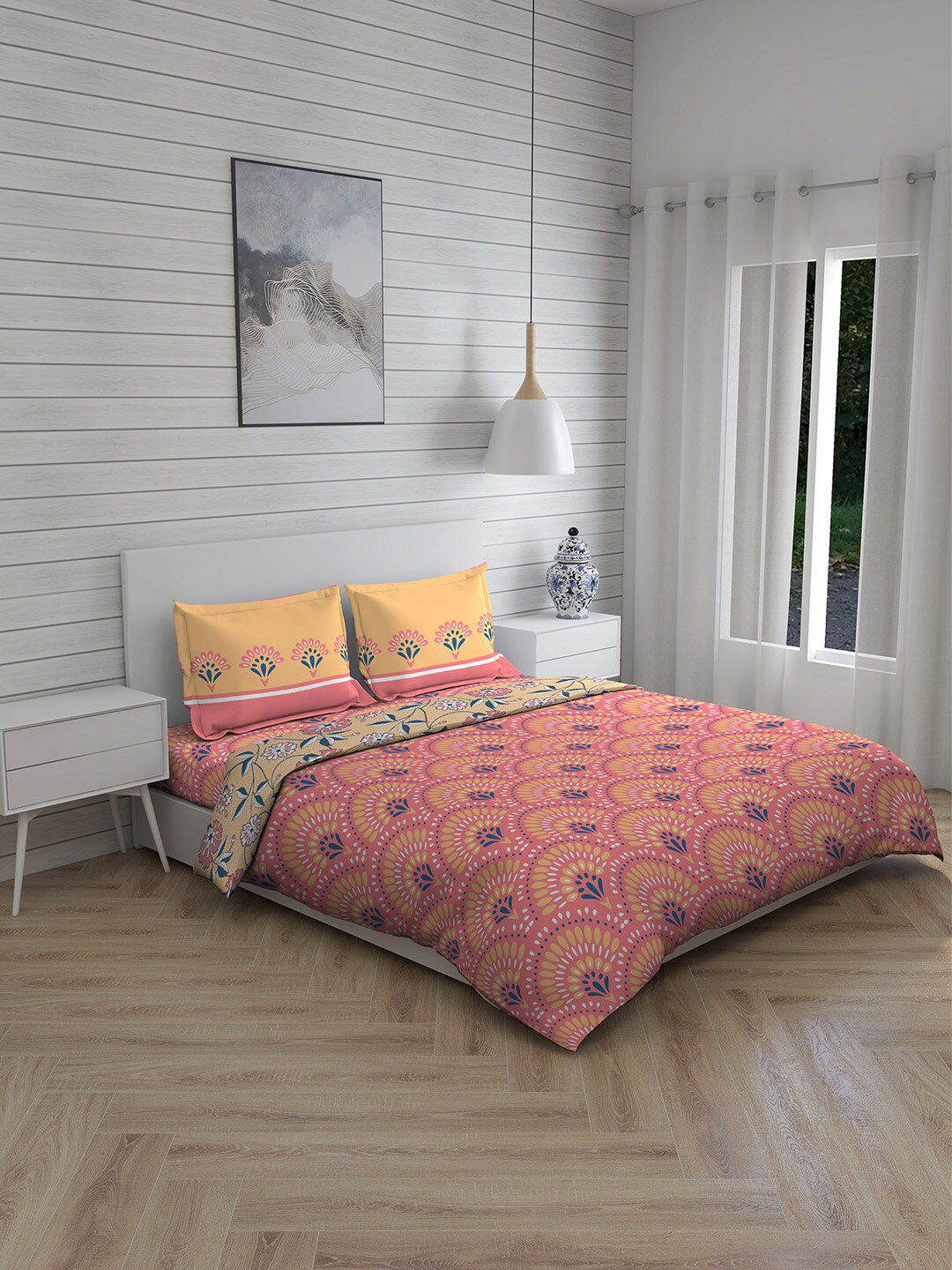 Boutique Living India Pink & Yellow Printed Cotton Double Queen Bedding Set With Comforter Price in India
