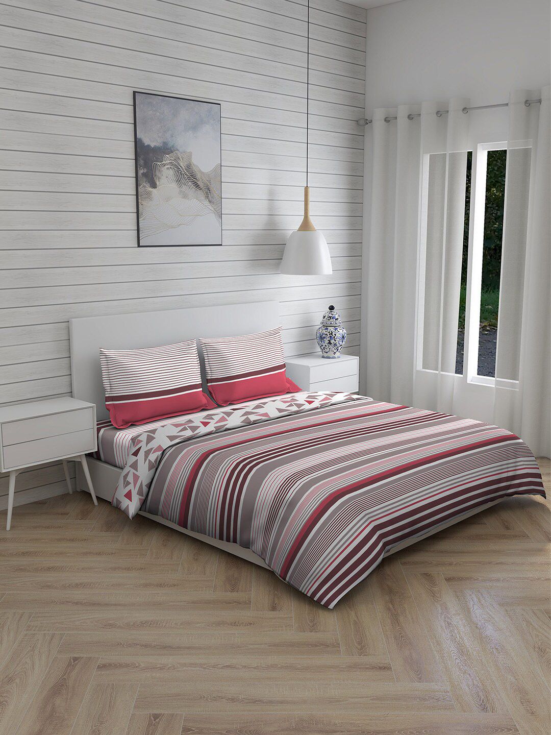 Boutique Living India Beige & Brown Striped Superfine Double Queen Bedding Set Price in India