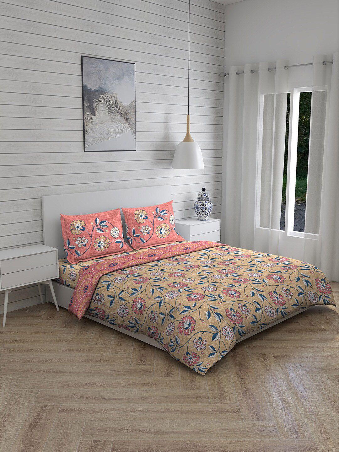 Boutique Living India Pink & Yellow Floral Printed Cotton Double Queen Bedding Set Price in India